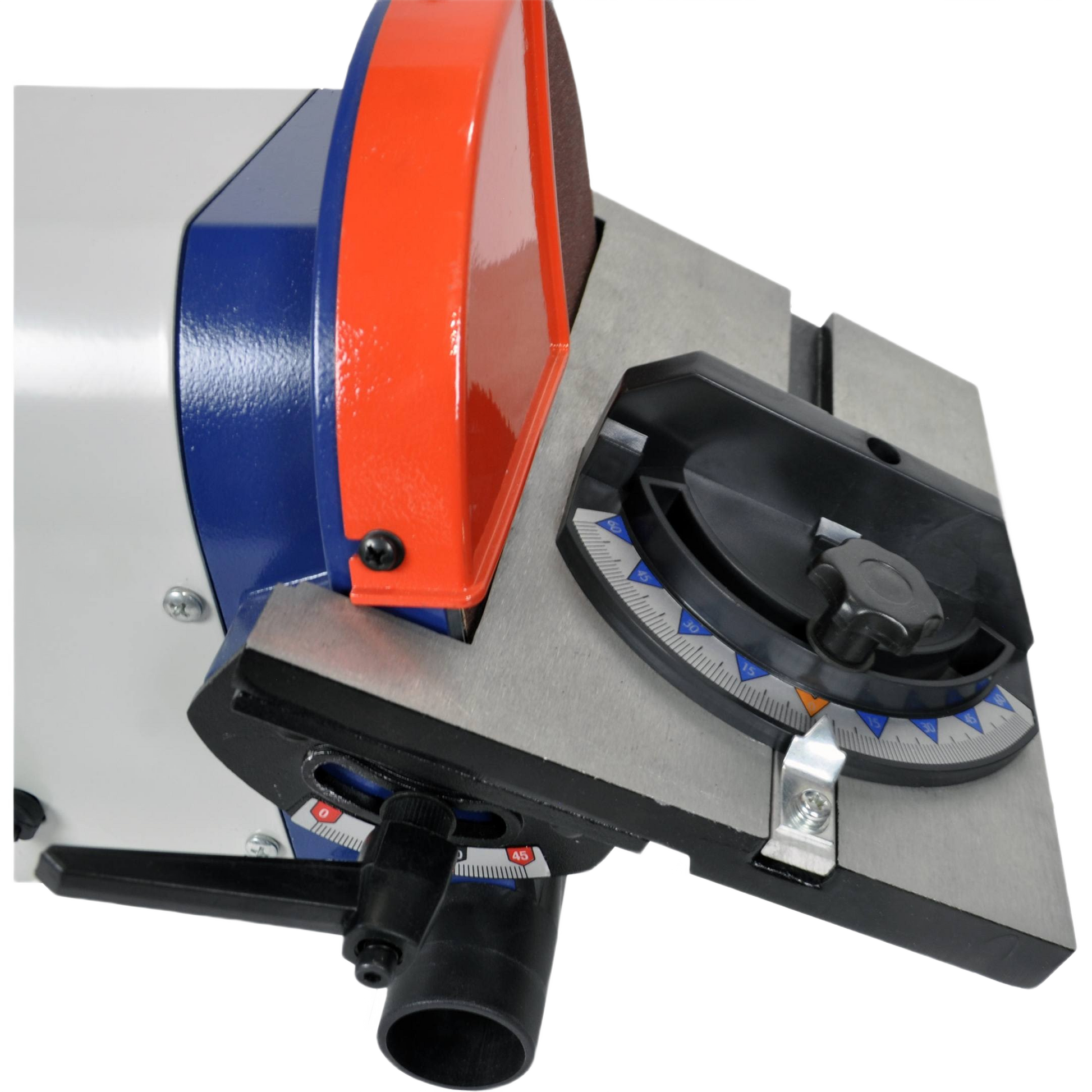 Adjustable metal worktable and orange disc guard on power tool sander for home improvement and electric power tools collections