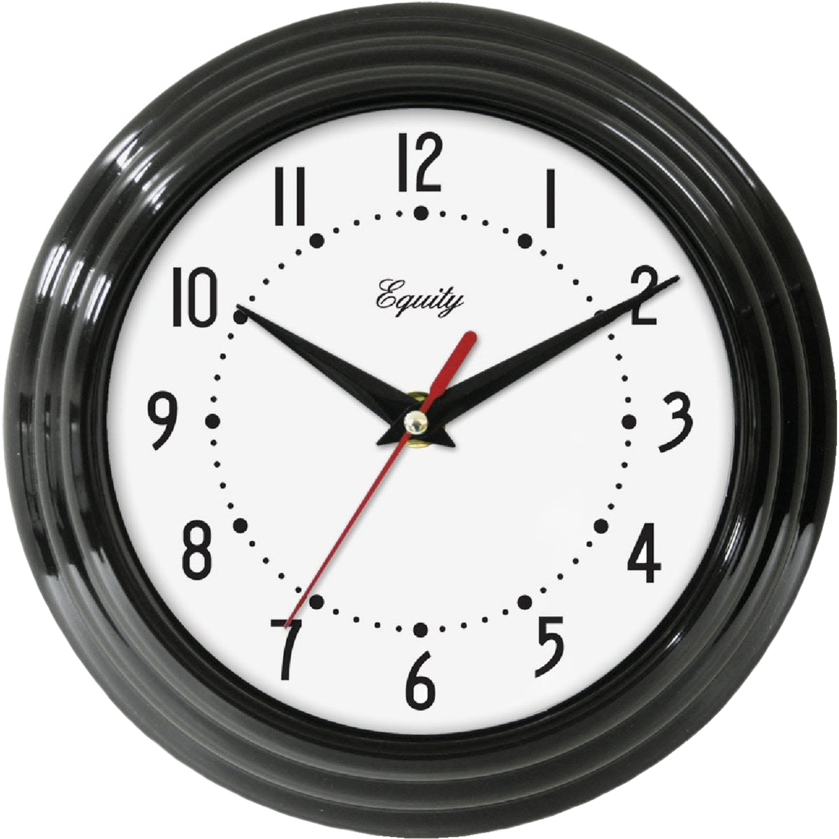 Traditional wall clock with quartz movement, black frame, metal hands, and red second hand for home decor collections