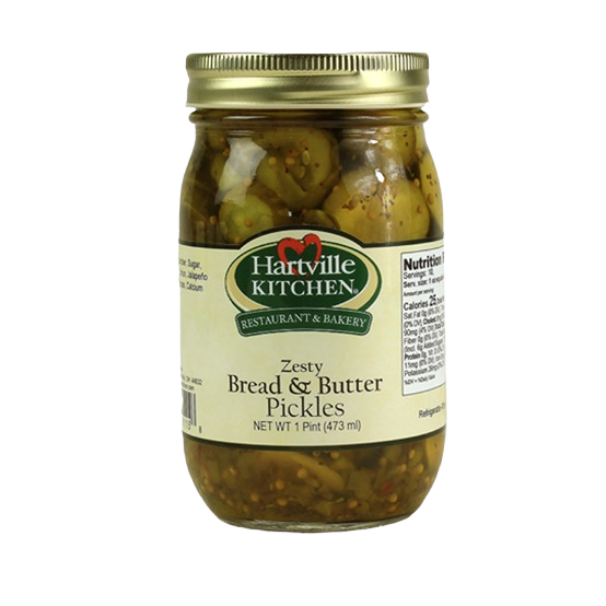 Glass jar of zesty bread and butter pickles with a gold metal lid in preserved goods and fruits & vegetables collections