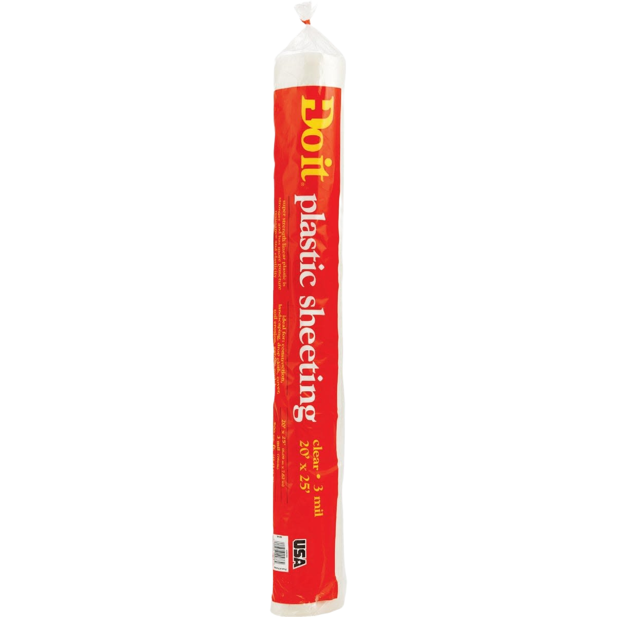 Roll of clear plastic sheeting in red and white packaging for home improvement and tools projects