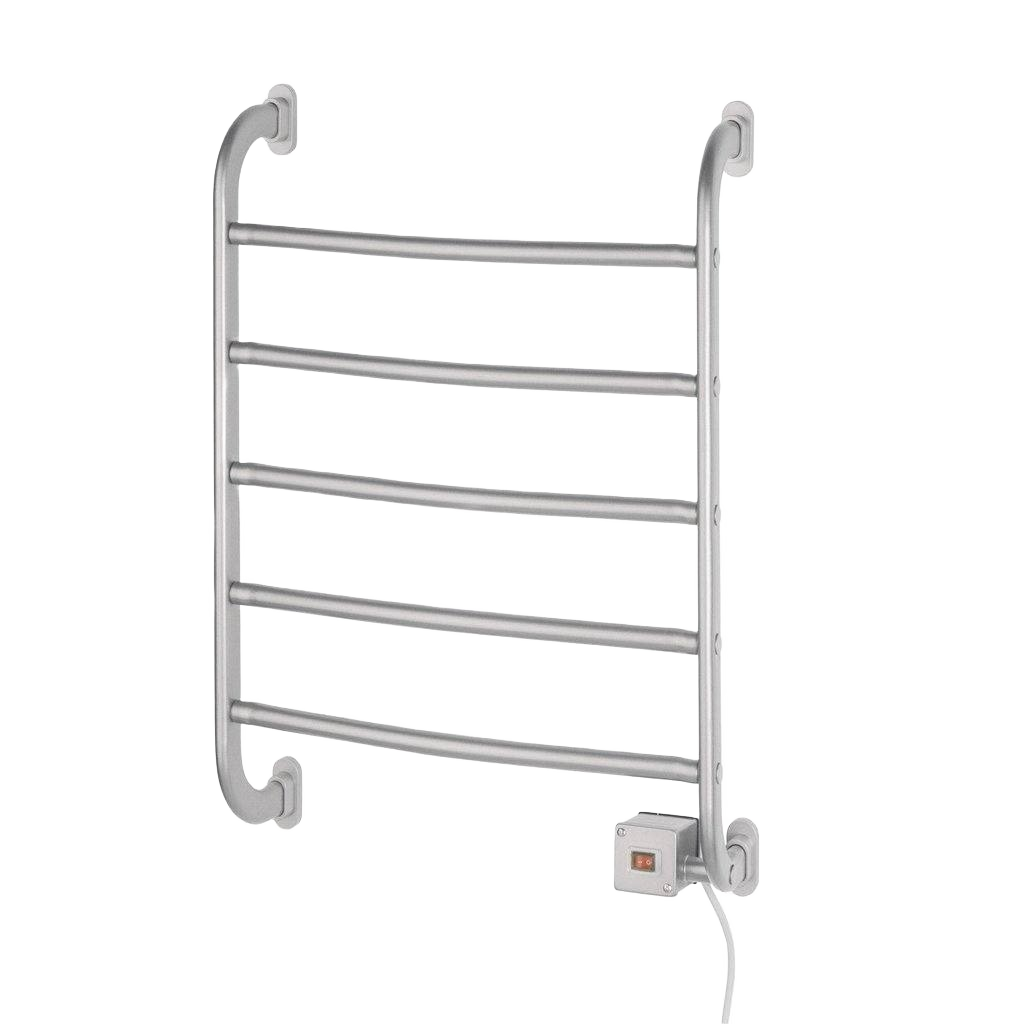 Nickel-finished wall-mounted heated towel rack with curved bars and control switch for home bathroom use