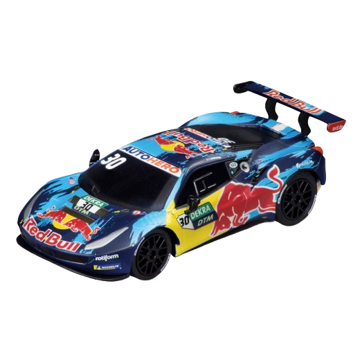 Blue and red Red Bull themed 1:43 scale Ferrari 488 GT3 slot car with racing decals and rear spoiler