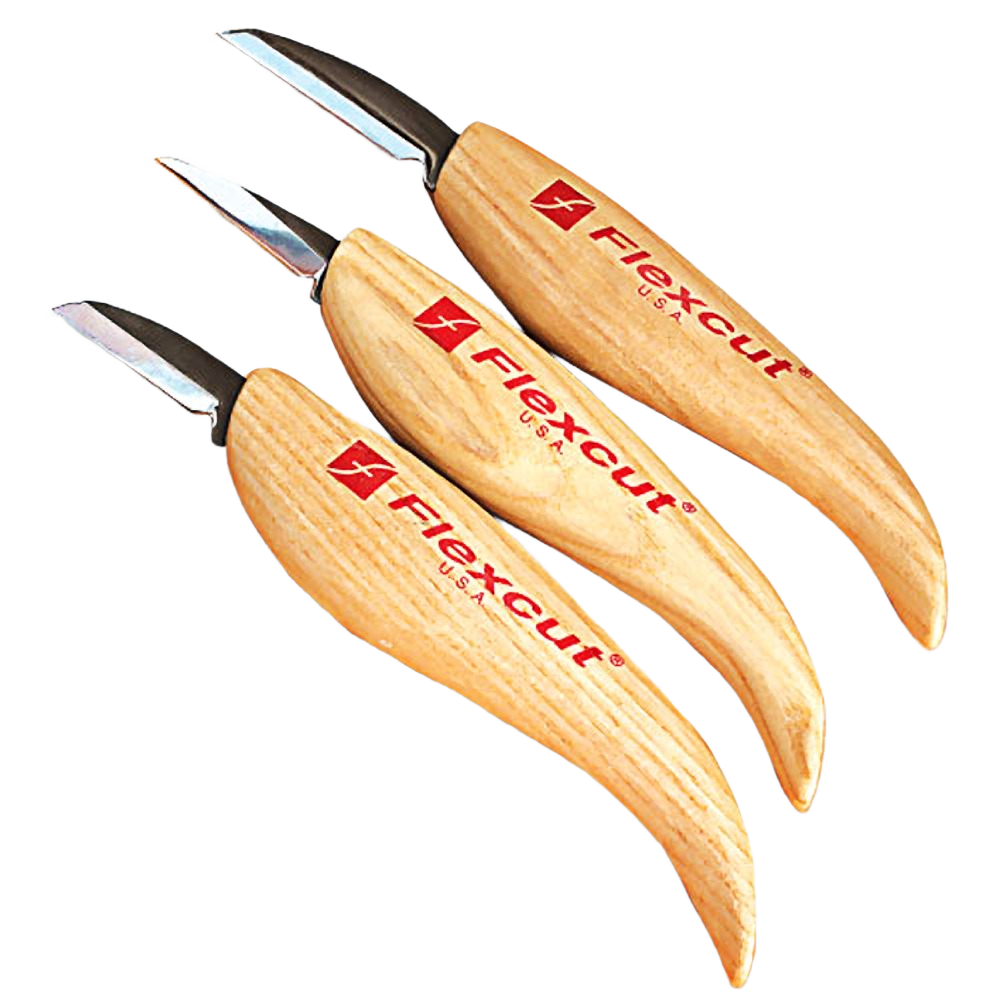 Set of three wood carving knives with curved wooden handles for woodworking tools and carving collections under $100