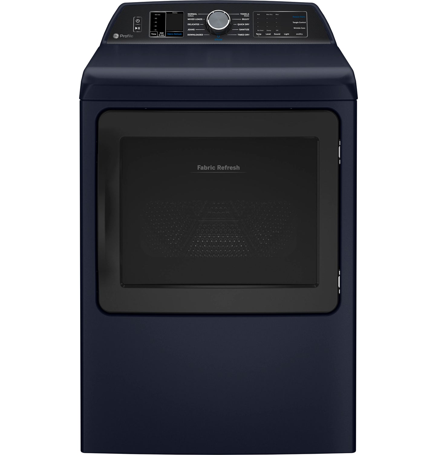 Front view of navy blue smart gas dryer with digital controls and fabric refresh feature in dryers collection