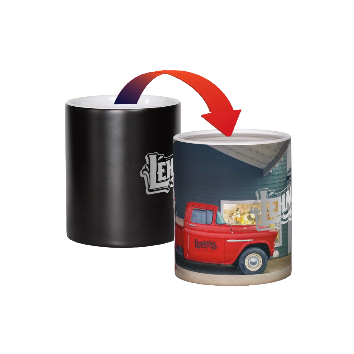 Black heat-sensitive mug revealing vintage red truck and building scene for kitchenware and drinkware under $50 collection