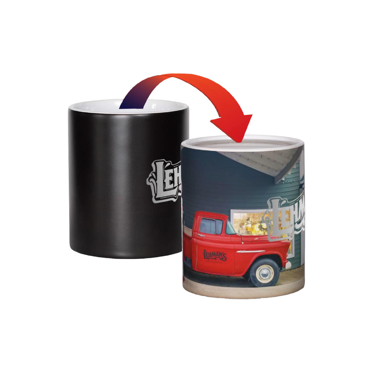 Black heat-sensitive mug revealing vintage red truck and building scene for kitchenware and drinkware under $50 collection