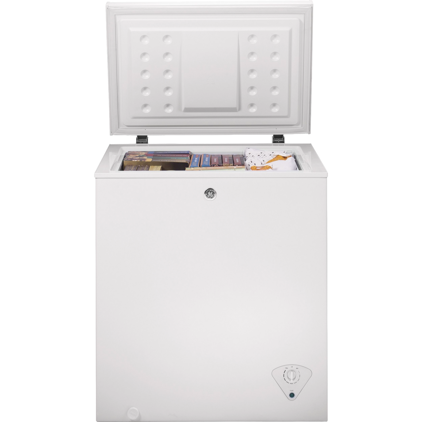 White manual defrost chest freezer with open lid showing frozen goods inside for kitchen and home improvement use