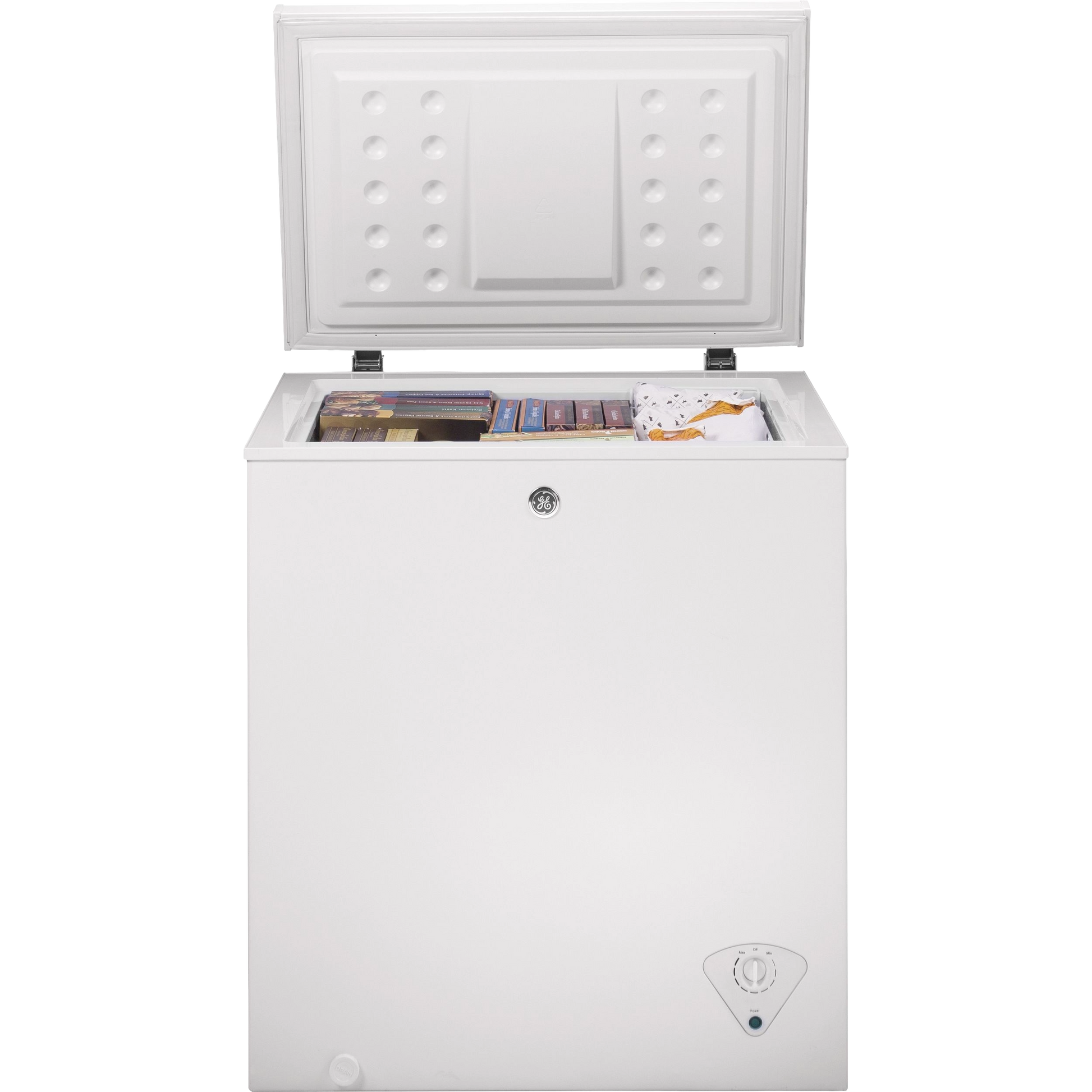 White manual defrost chest freezer with open lid showing frozen goods inside for kitchen and home improvement use