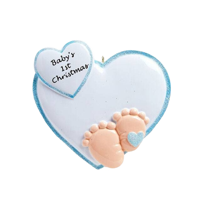 Blue-edged white heart ornament with baby feet and "Baby's 1st Christmas" text, festive decoration under $50