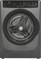 Front view of a stainless steel front load washer with clear door, digital controls, and multiple wash cycle options, featured in Front Load Washers, Washers, Appliances, and Washers & Dryers collections.