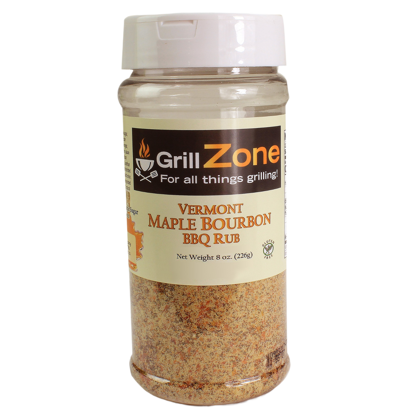 Plastic jar of Grill Zone Vermont maple bourbon flavored barbecue rub seasoning for grilling and home cooking use