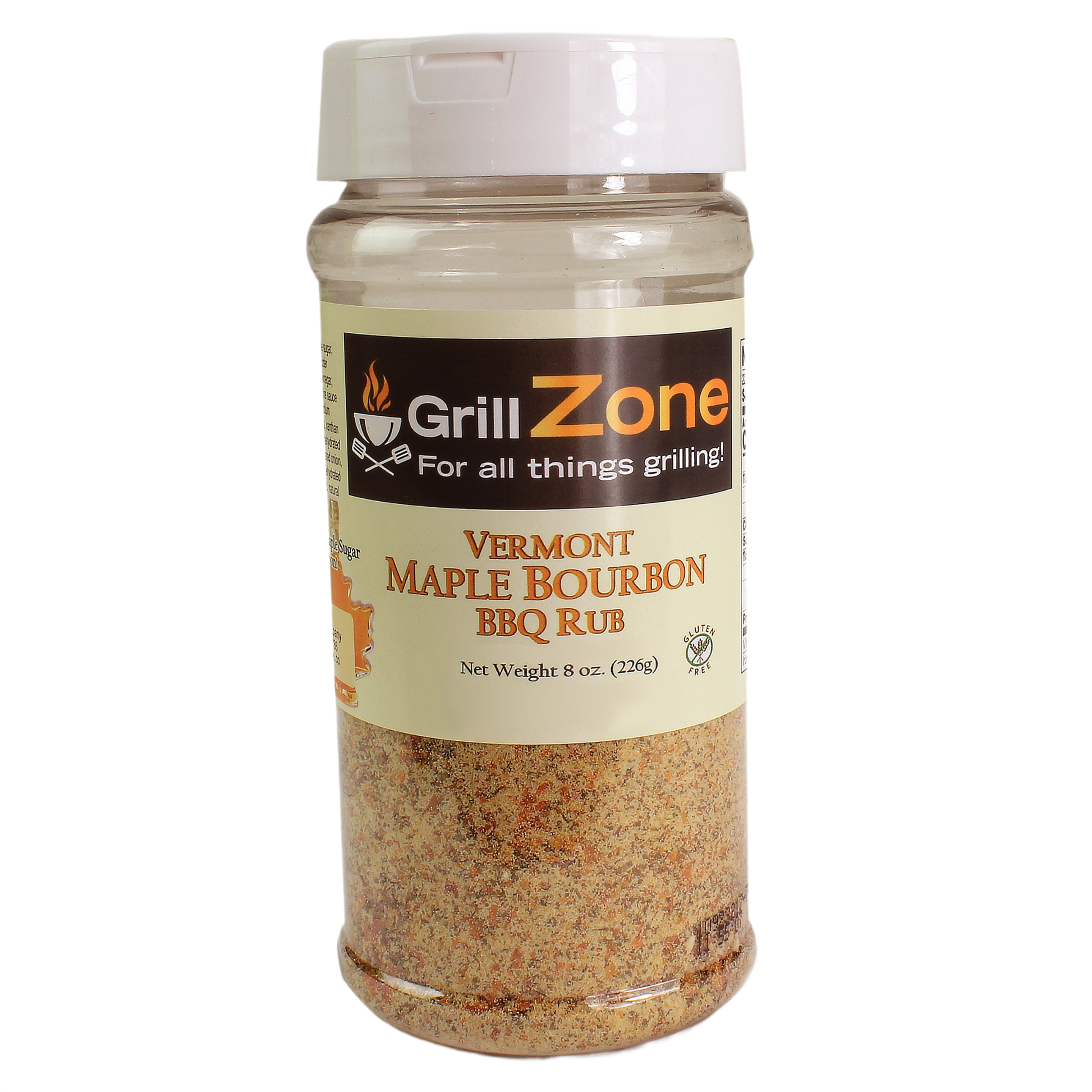 Plastic jar of Grill Zone Vermont maple bourbon flavored barbecue rub seasoning for grilling and home cooking use