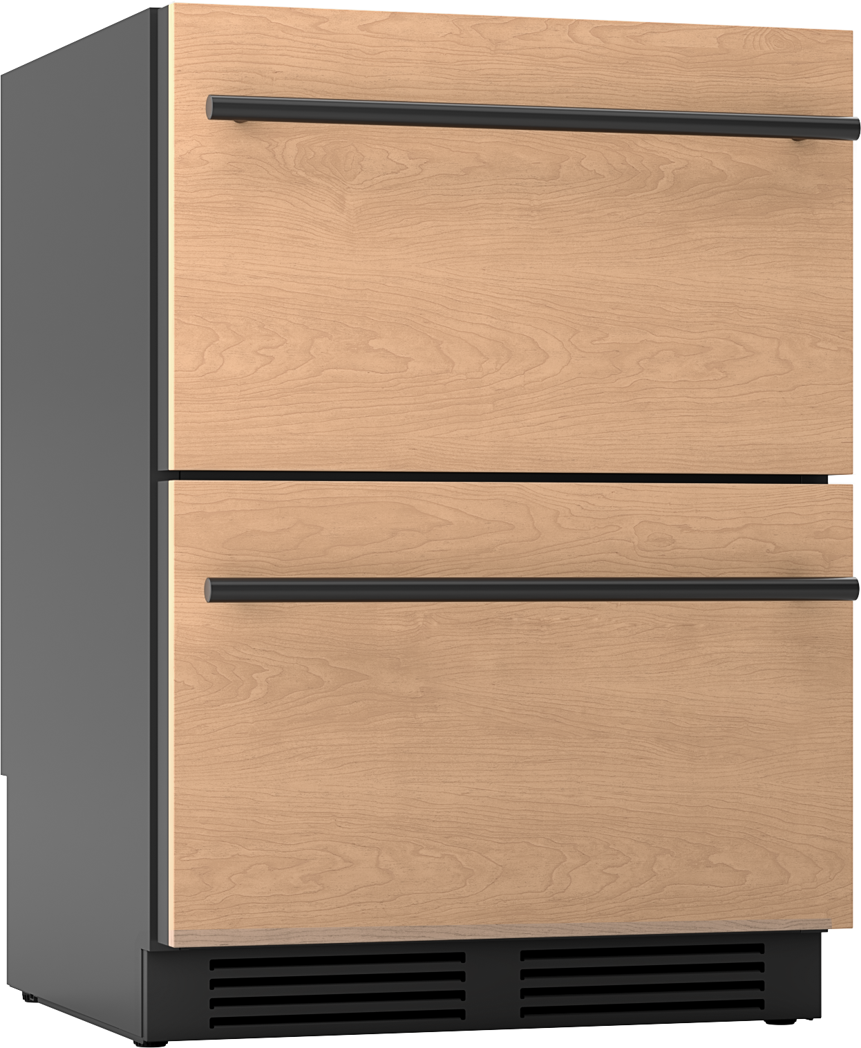 Under-counter dual zone refrigerator drawers with panel ready wood finish and black horizontal handles from kitchen appliances collection