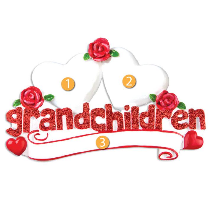 Red glitter "grandchildren" ornament with two white hearts, red roses, and hearts on a white banner Christmas decoration under 50 dollars