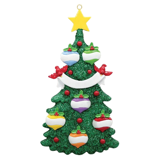 Green glitter Christmas tree ornament decorated with six colorful heart-shaped ornaments and topped with a yellow star