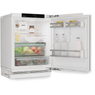 Open view of a panel-ready undercounter refrigerator with right hinge, featuring clear bins stocked with fresh produce and beverages, in Refrigerators and Kitchen & Kitchenware collections.