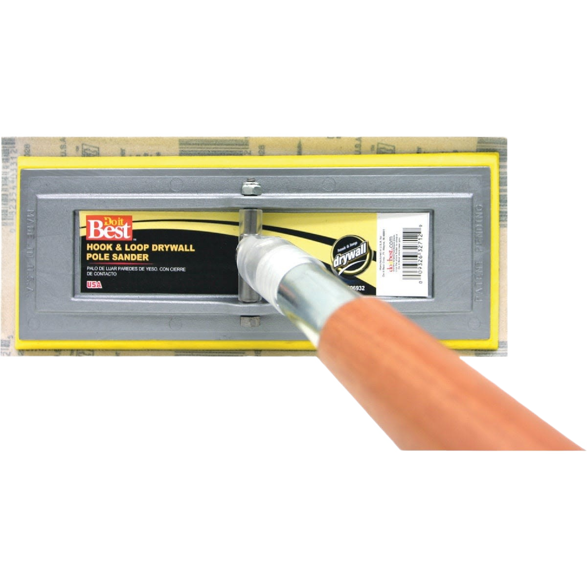 Drywall hook and loop sanding block attached to wooden handle for sanding in home improvement and repair tasks