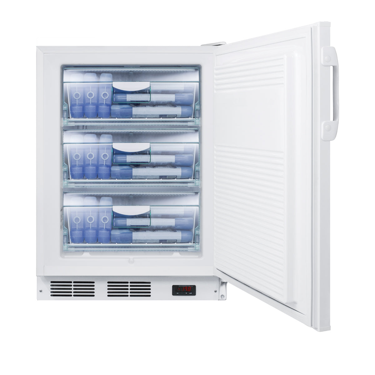Compact medical all-freezer with multiple transparent storage drawers and digital temperature display in a white finish