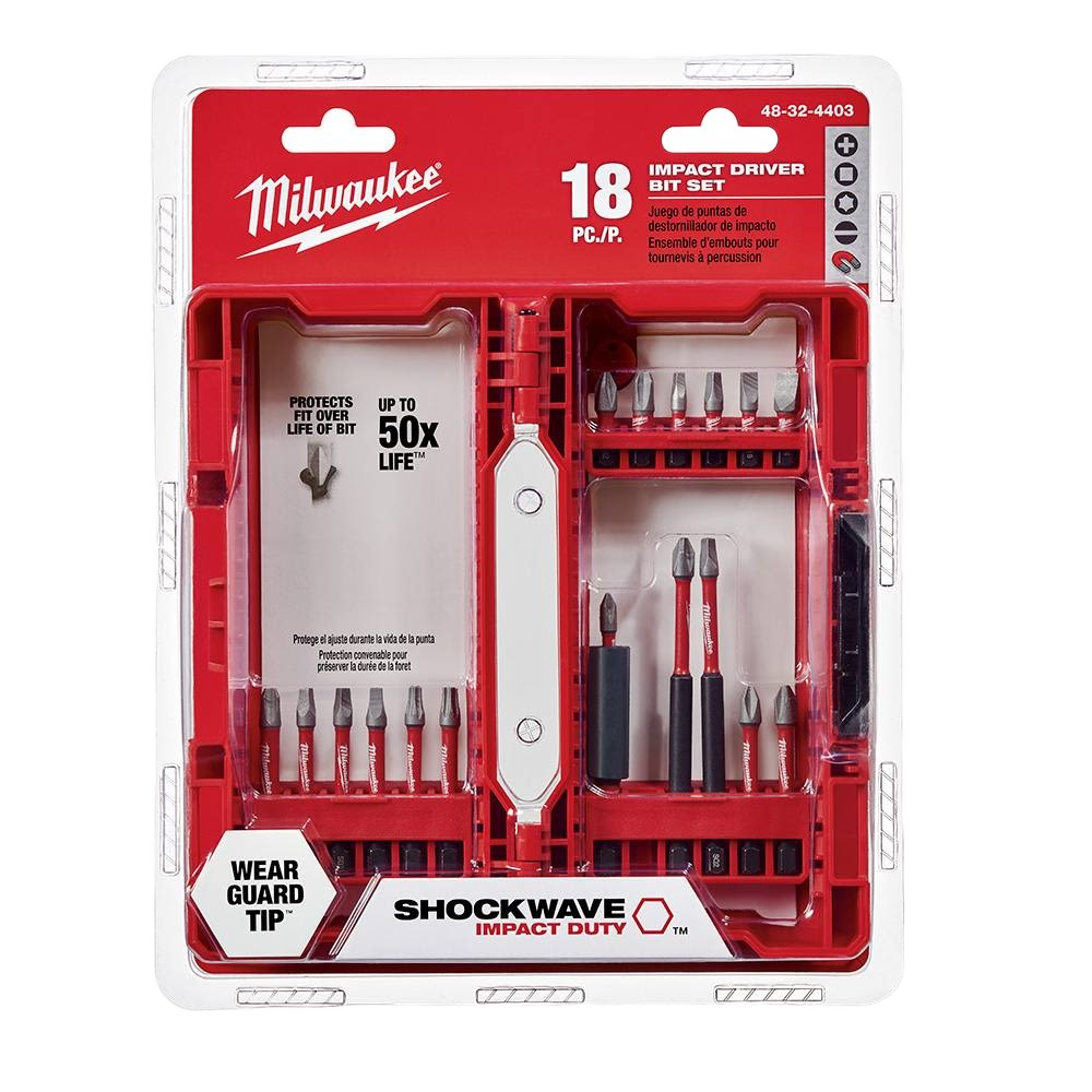 18-piece Milwaukee SHOCKWAVE impact driver bit set with Wear Guard Tip for power tool accessories under $50 collections