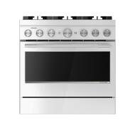 Front view of a stainless steel 36-inch gas range with six burner knobs and a large oven door, part of Ranges and Kitchen & Kitchenware collections.