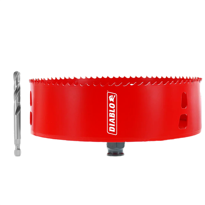 Red Diablo hole saw with fine teeth and matching drill bit for woodworking and home improvement tools under $100 collection