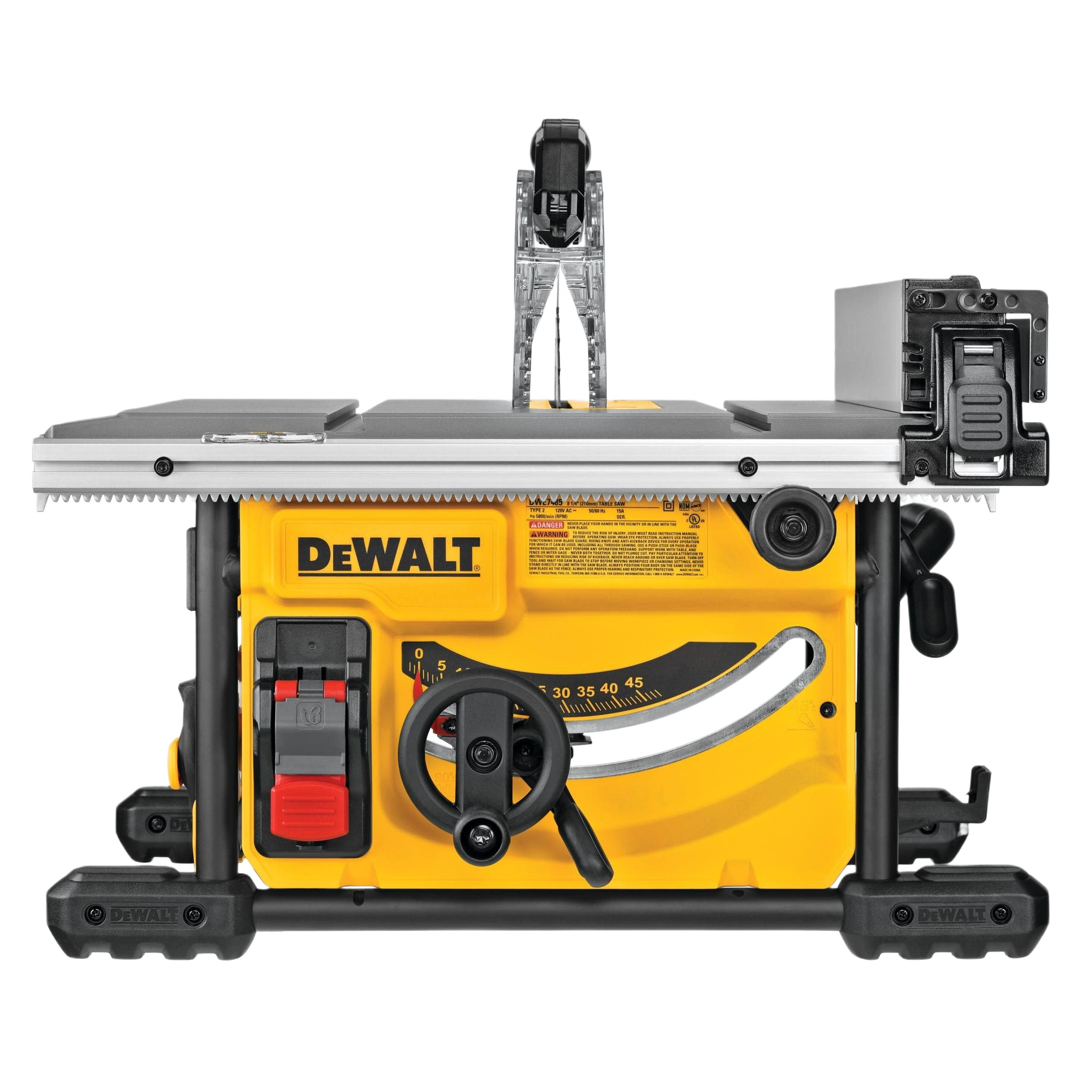 Compact Dewalt power table saw with blade guard and adjustable angle control for woodworking and home improvement use