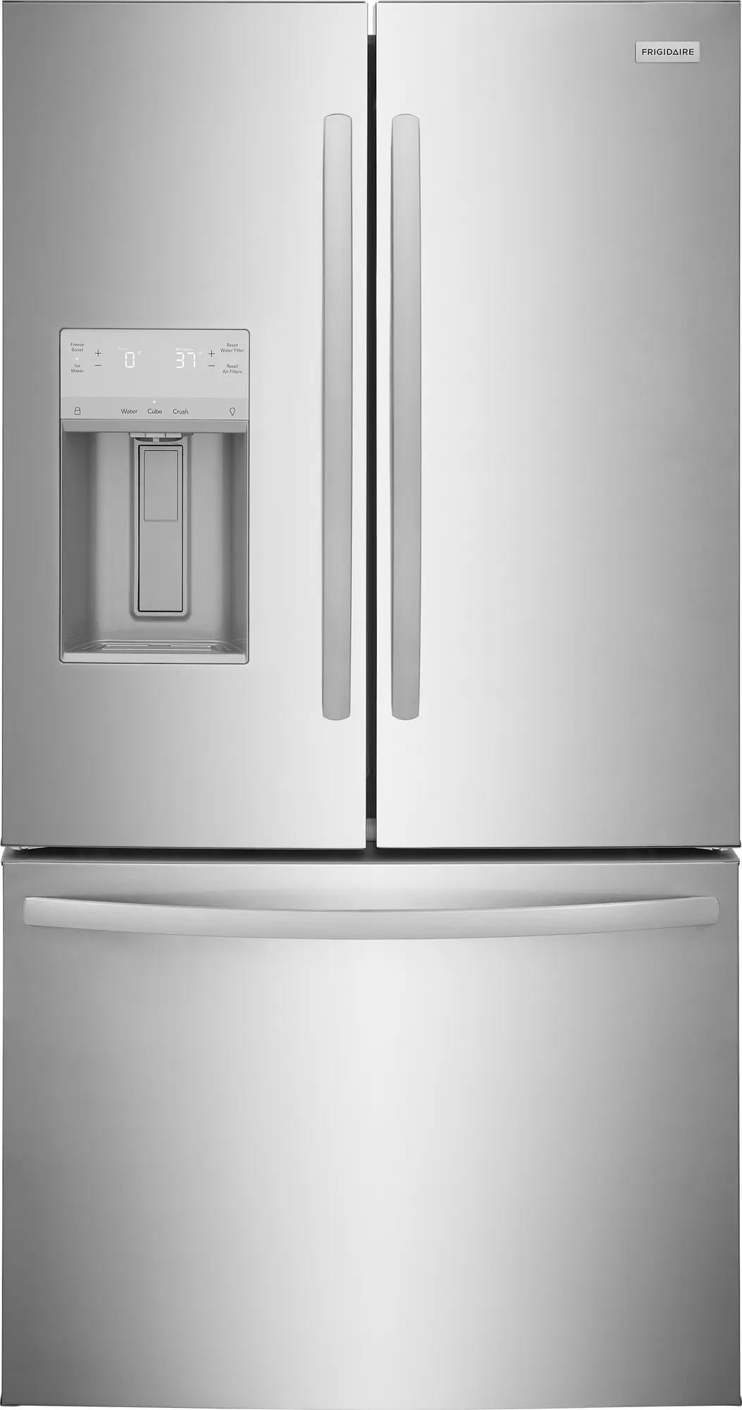Stainless steel French door refrigerator with water dispenser and bottom freezer drawer for kitchen appliance collections