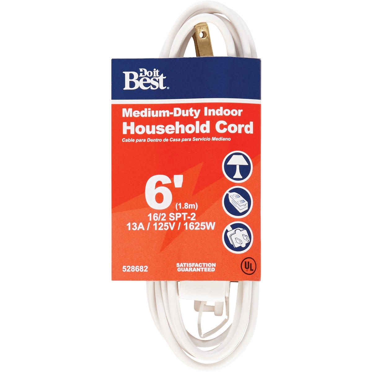 White medium-duty indoor extension cord, 6 feet long, with grounded plug for household and home improvement use