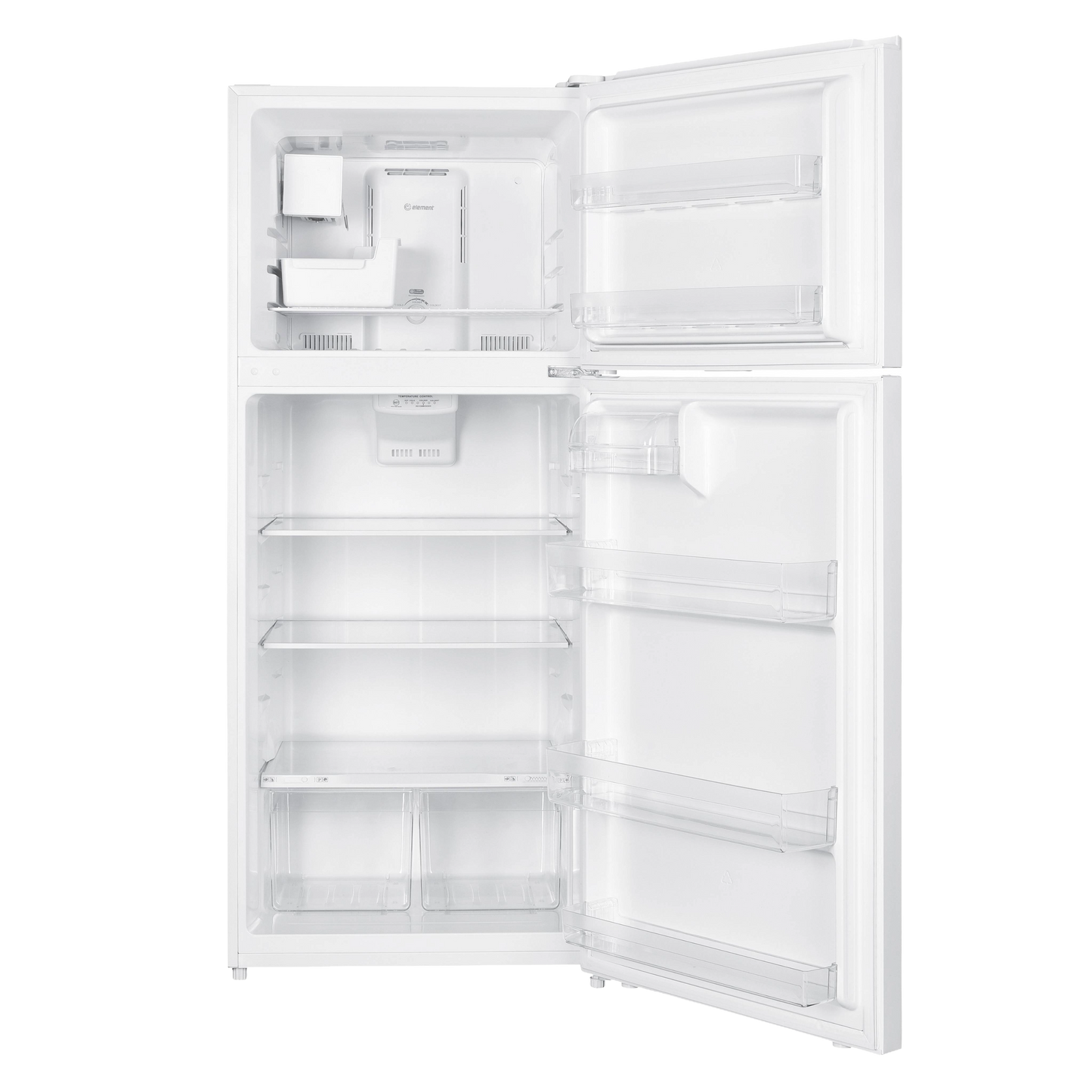 White top freezer refrigerator with open doors revealing empty clear shelves and automatic ice maker kit installed inside freezer compartment.