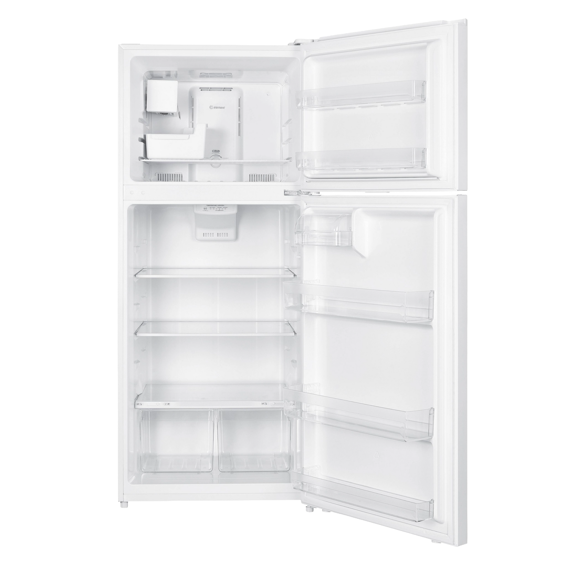 White top freezer refrigerator with open doors revealing empty clear shelves and automatic ice maker kit installed inside freezer compartment.