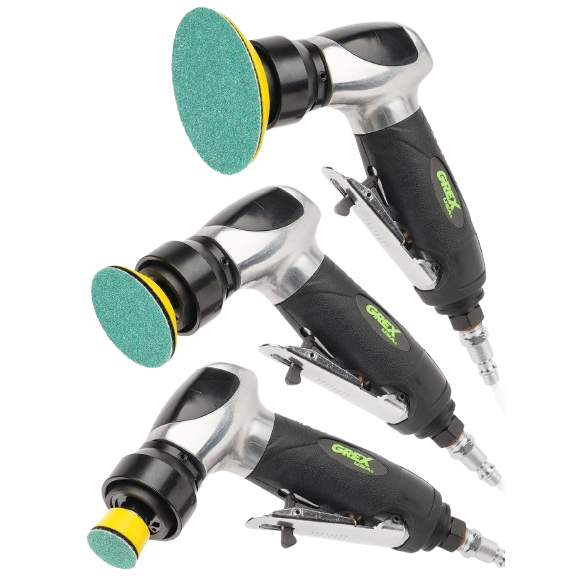 Three air-powered random orbital sanders with black ergonomic grips and green sanding pads for tools and home improvement use
