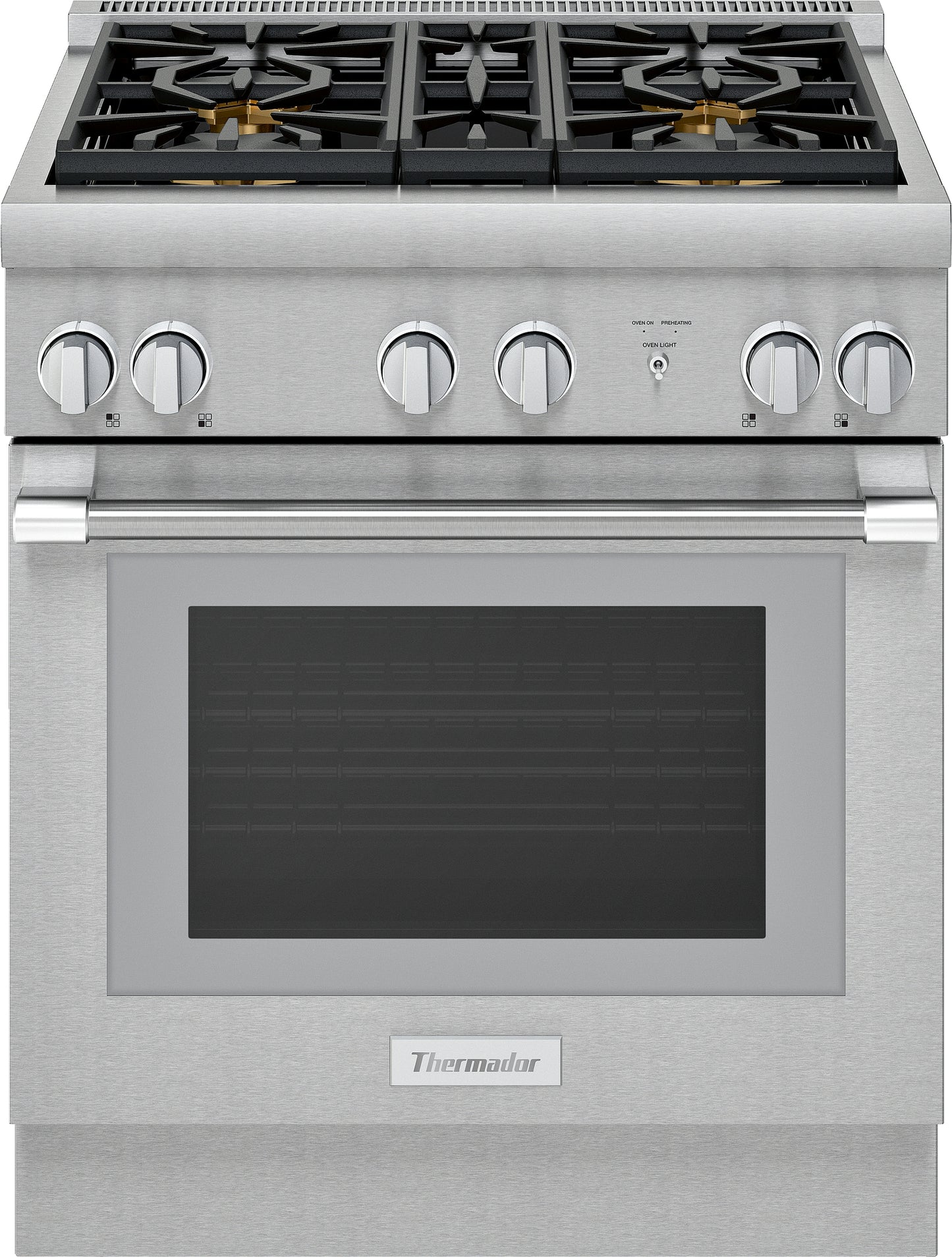 Stainless steel gas range with six control knobs and professional-style burners, part of ranges and kitchen appliances collections