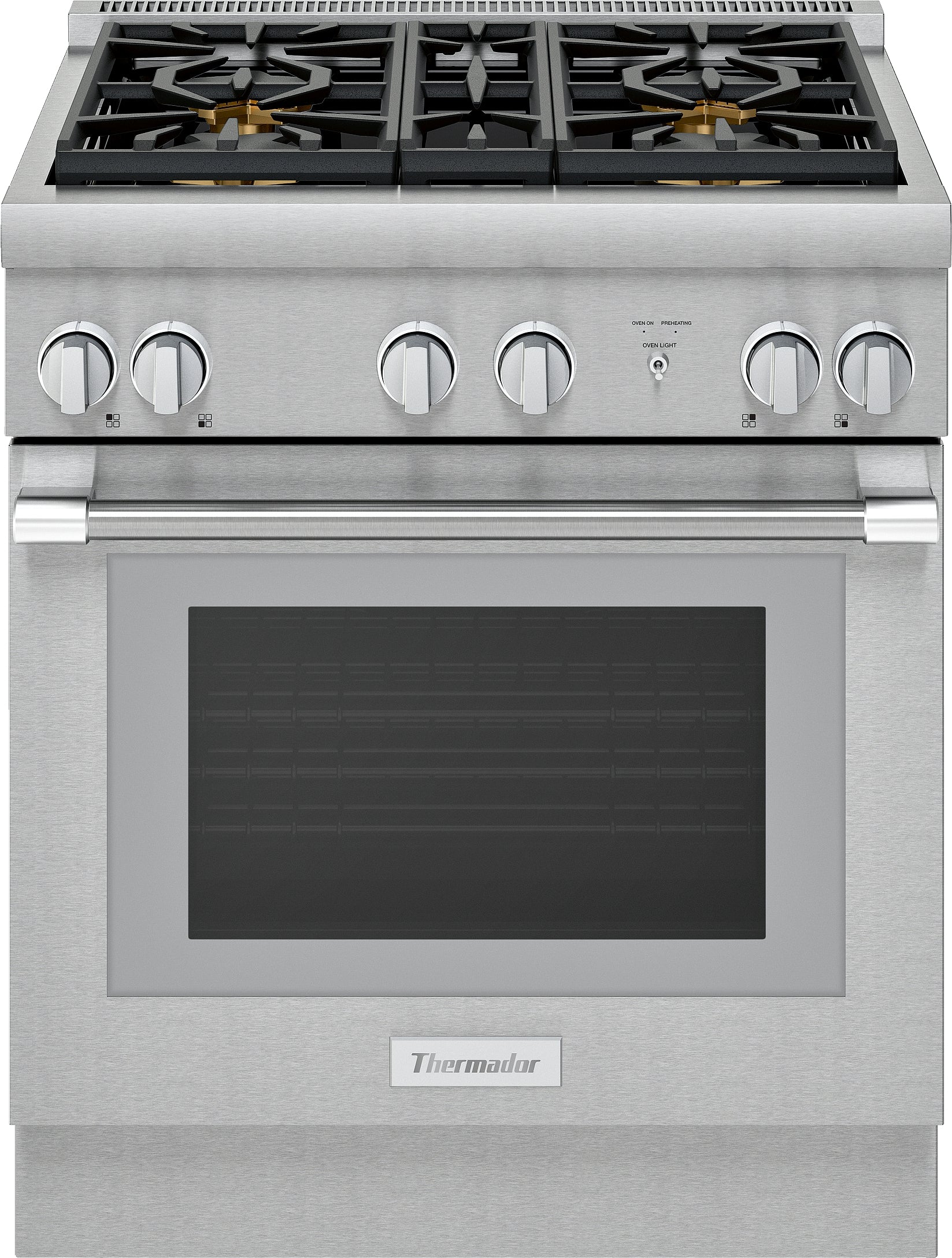 Stainless steel gas range with six control knobs and professional-style burners, part of ranges and kitchen appliances collections