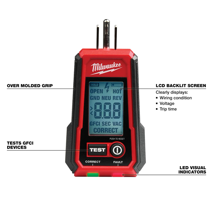 Red and black digital GFCI tester with LCD screen and LED indicators for electrical wiring and home improvement tasks