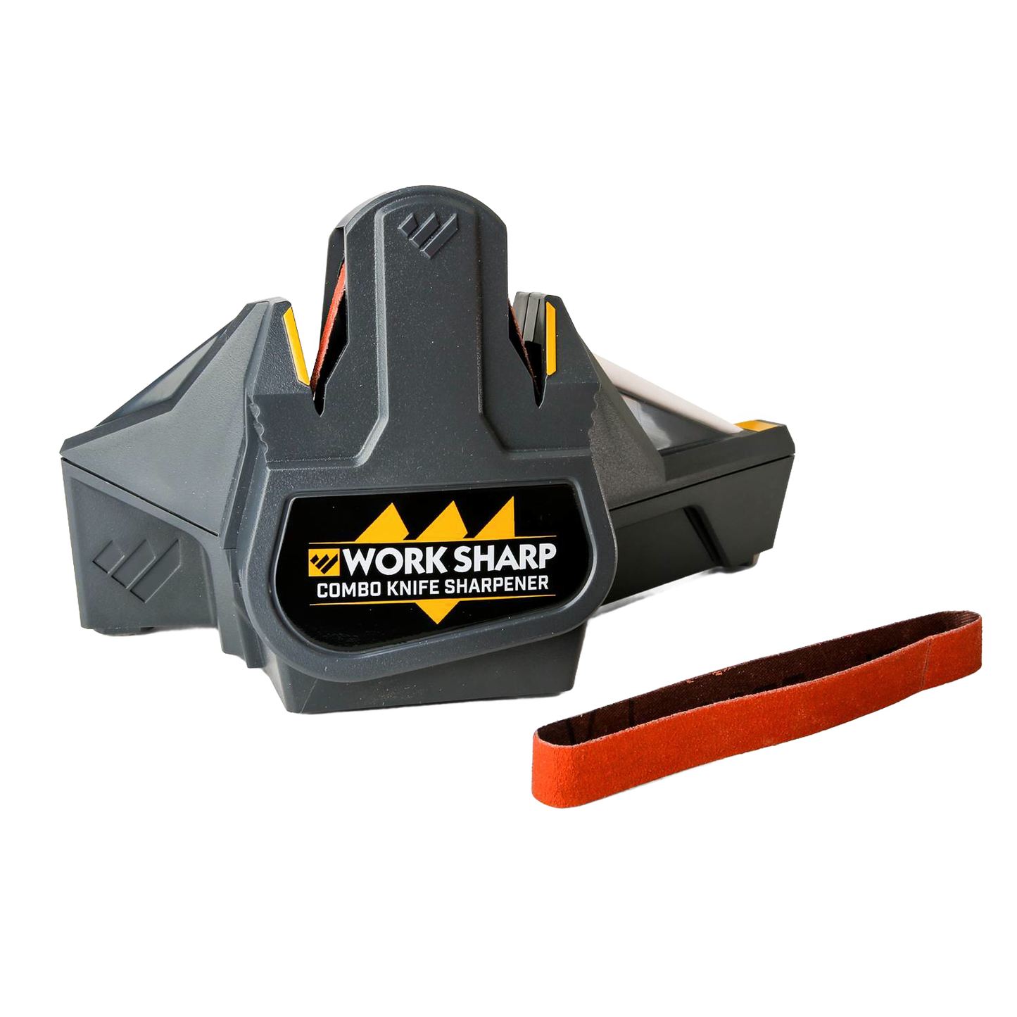 Compact black and yellow combo knife sharpener with sanding belt, part of Hand Tools and Sharpeners collections