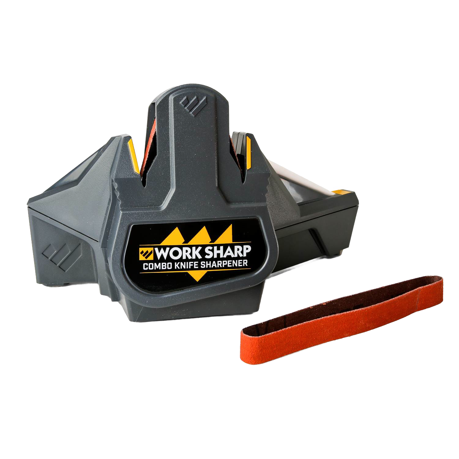 Compact black and yellow combo knife sharpener with sanding belt, part of Hand Tools and Sharpeners collections