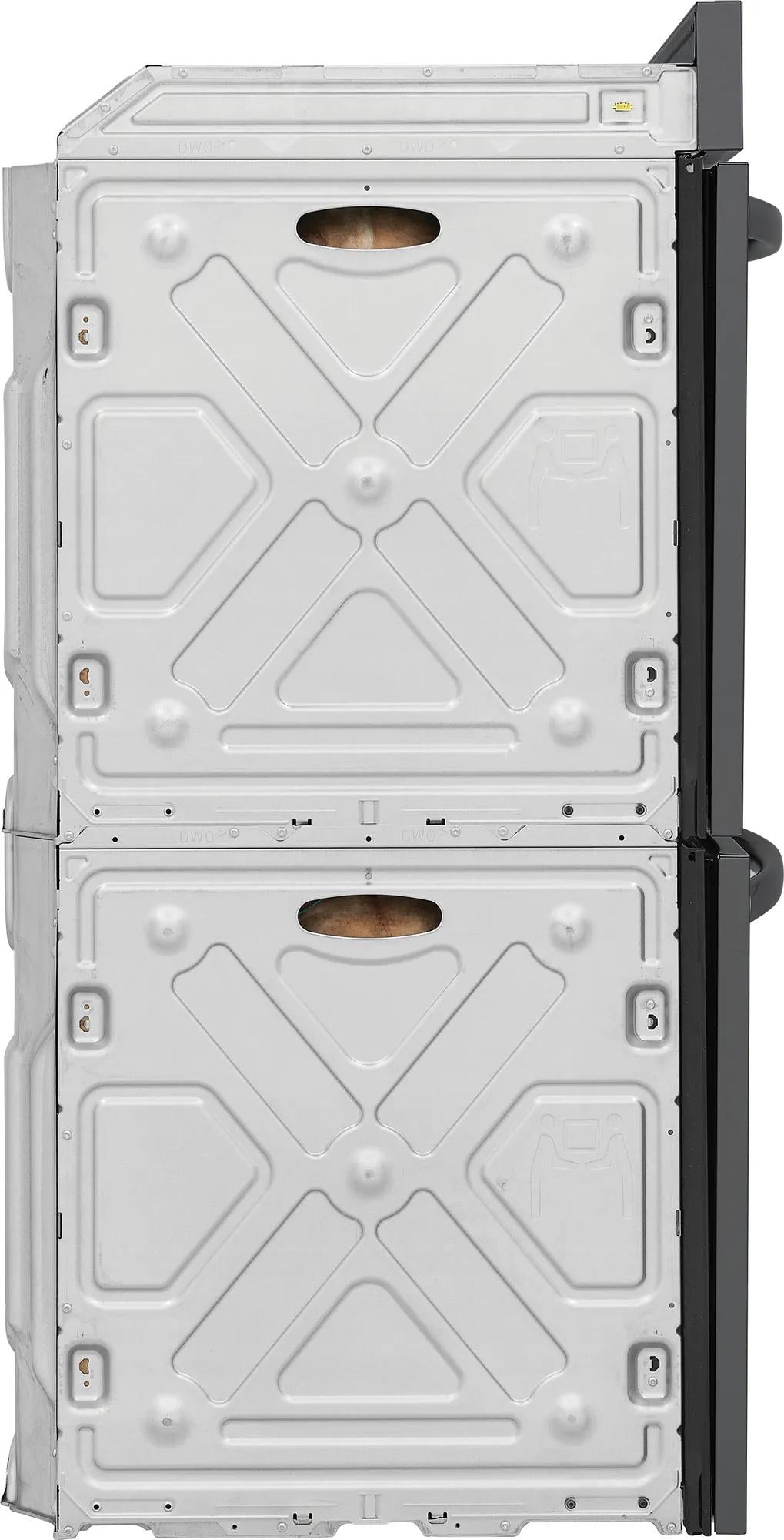 Back and side view of 30" double electric wall oven showcasing metal casing and structural details for kitchen appliances.