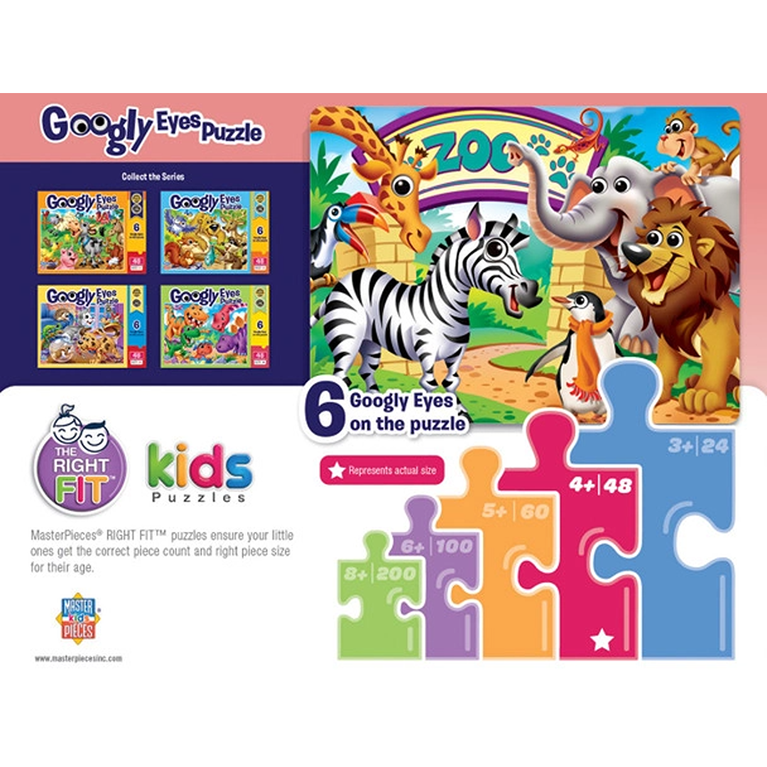 Colorful zoo animal puzzle with lion, elephant, giraffe, zebra, penguin, and monkey featuring six movable googly eyes