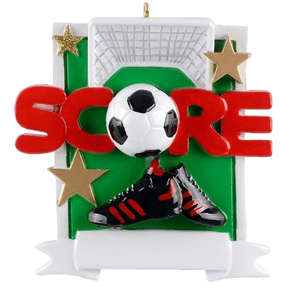 Christmas ornament featuring soccer ball, cleats, and goal with red "Score" lettering and decorative gold stars