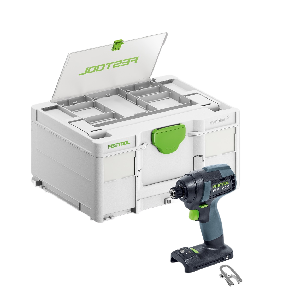 Cordless impact driver with compact design and green accents next to gray and green durable storage case for tools and home use