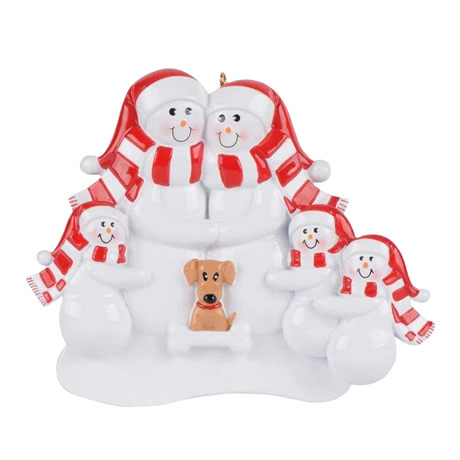 Snow family of five wearing red and white scarves with tan dog ornament for Christmas tree décor under $50