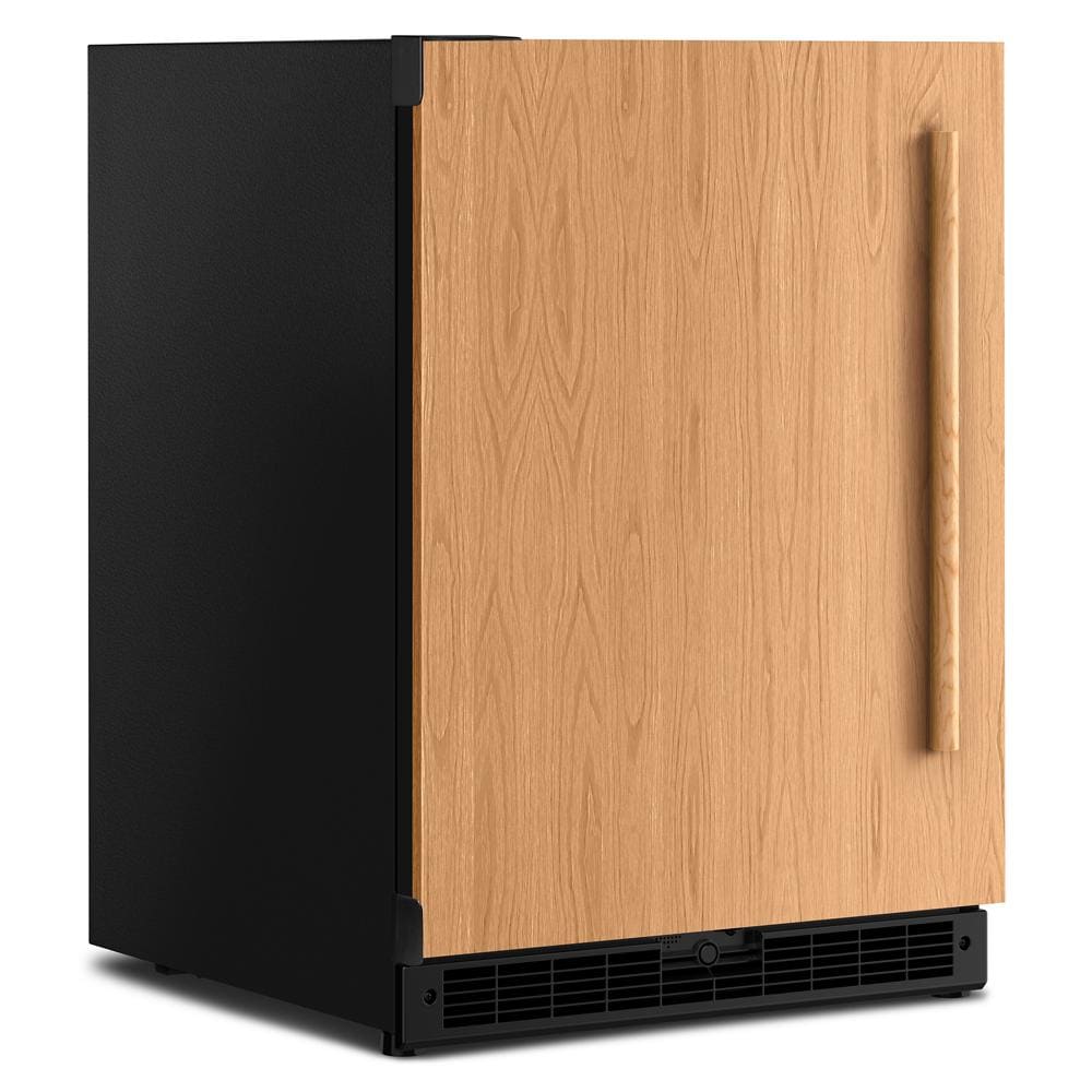 black undercounter refrigerator with panel-ready wood front and vertical handle for kitchen appliances and home improvement