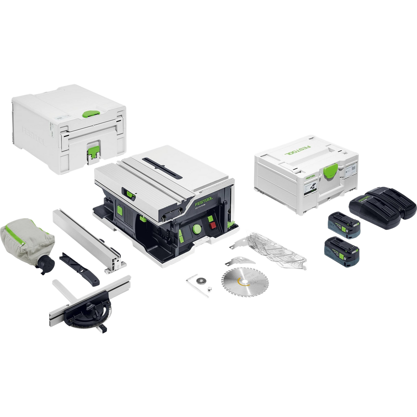 Compact cordless table saw kit with accessories, batteries, charger, and storage cases for power tool and saw collections