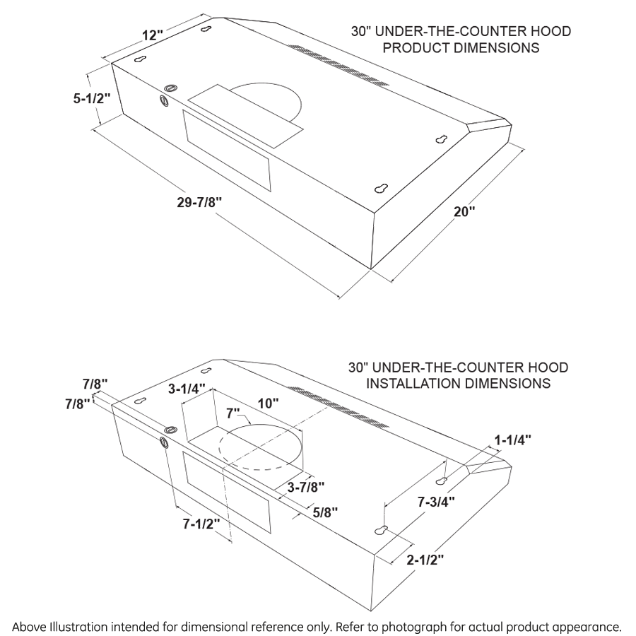 Line drawing showing dimensions and installation measurements for a 30-inch under-the-cabinet range hood in kitchen appliances.