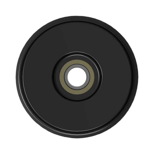 Black flat idler pulley with metal bearing for lawn mower deck repair and maintenance in tools and home improvement tasks