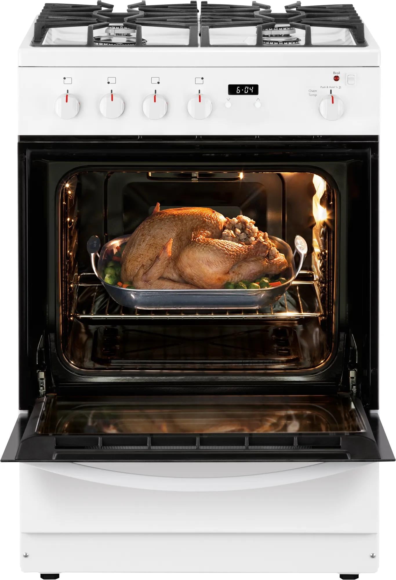 white freestanding gas range with front controls, oven light on, and a roasted turkey inside in appliances collection