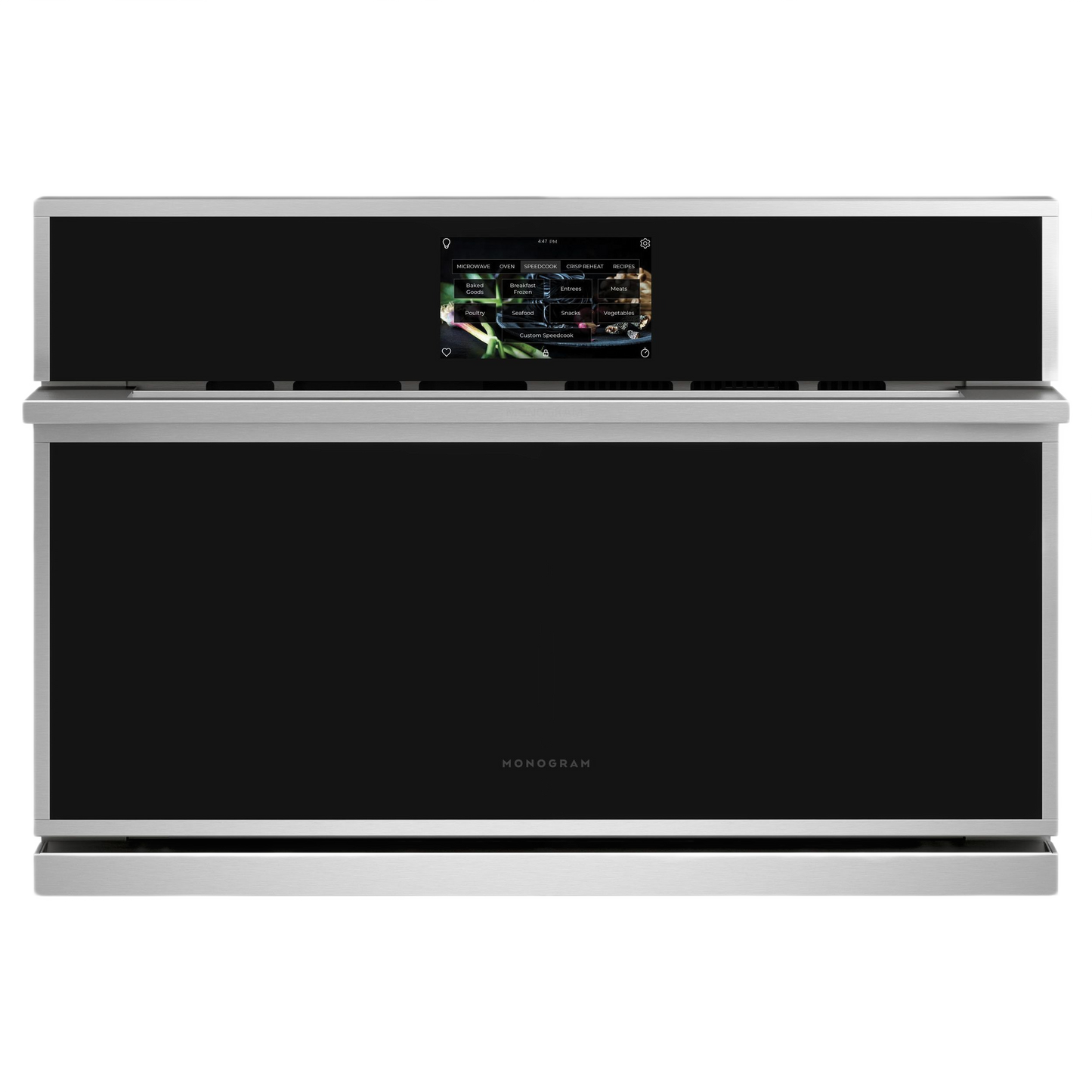 Stainless steel and black minimalist five-in-one wall oven with digital touchscreen in kitchen appliance collection