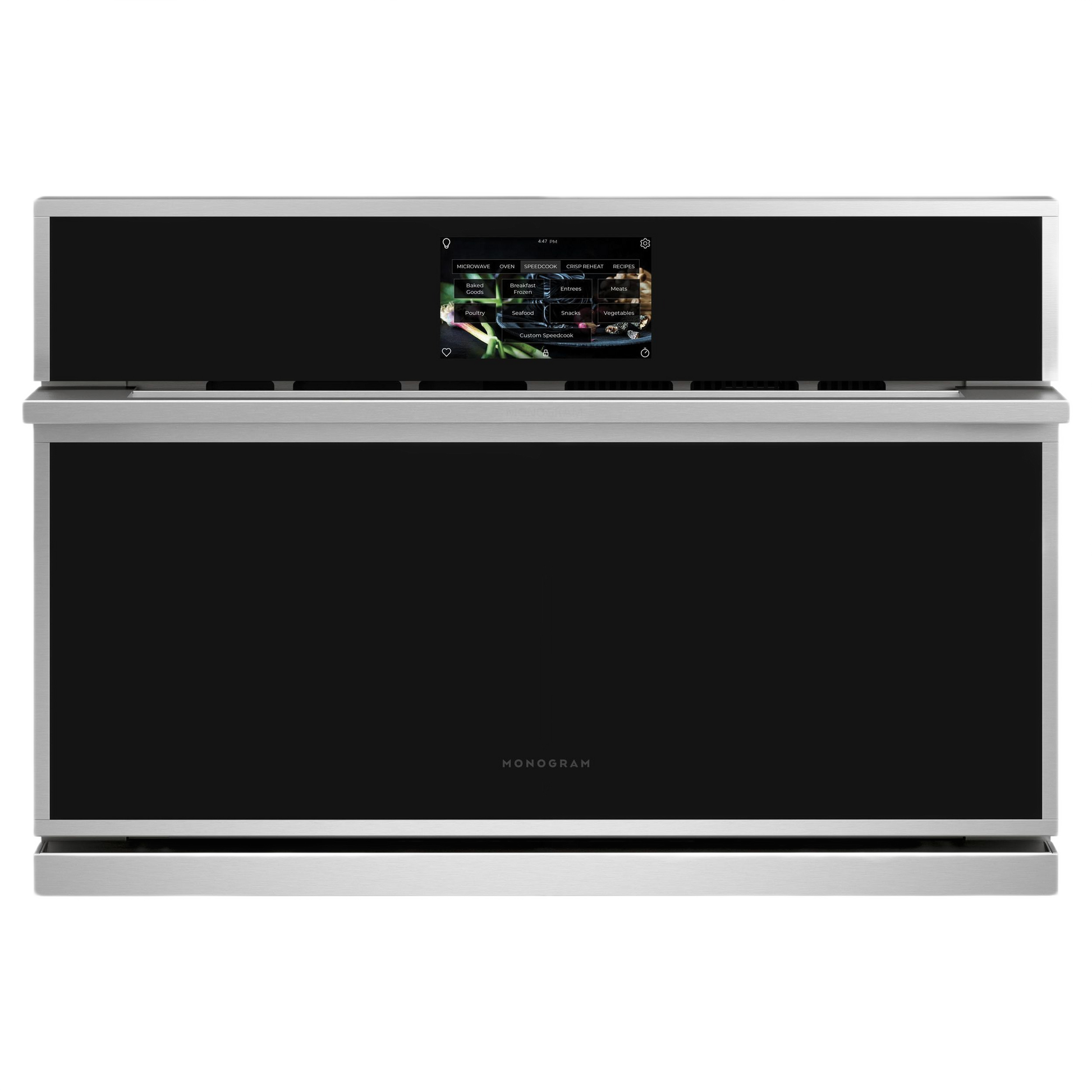 Stainless steel and black minimalist five-in-one wall oven with digital touchscreen in kitchen appliance collection