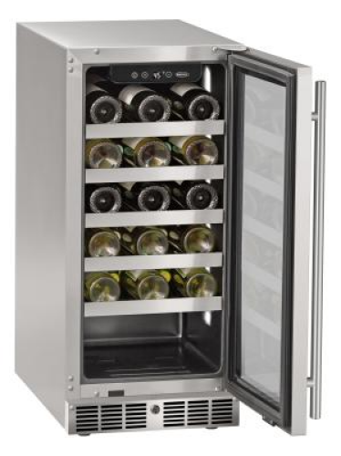Open stainless steel 15 inch wine refrigerator with glass door and metal shelves storing bottles in appliances collection