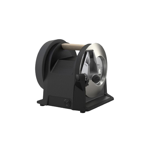 Compact carbon black kitchen knife sharpener with rotating grinding wheel and wooden handle for precision sharpening tasks